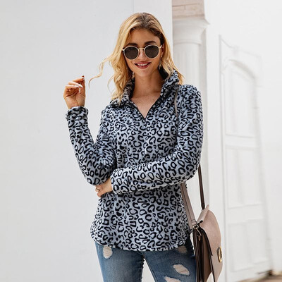 

Fashion Women Autumn Leopard Print Fluffy Hoodie Turn-Down Collar Long Sleeve Zipper Casual Pullover Outerwear
