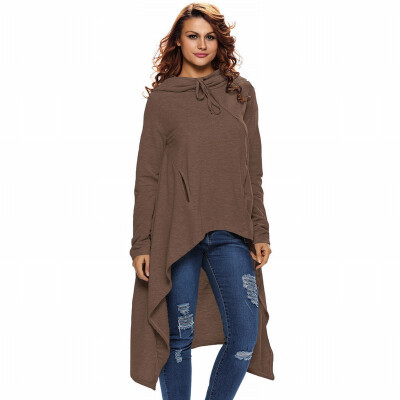 

Gray plain zipper long sleeve loose front short long hooded top