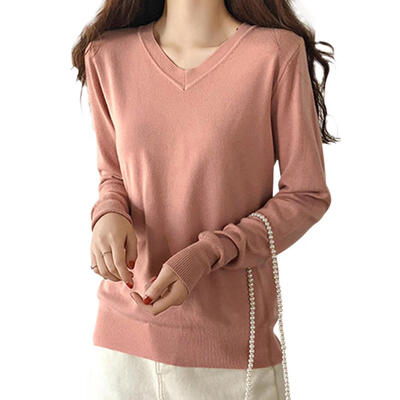 

Autumn Korean Pure Color Basic Sweater Casual V Collar Long Sleeve Tops