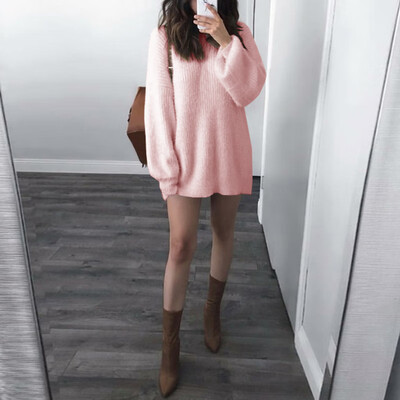 

Ladies Solid Knitted Crew Neck Long Sleeve Pullover Loose Autumn Warm Sweater