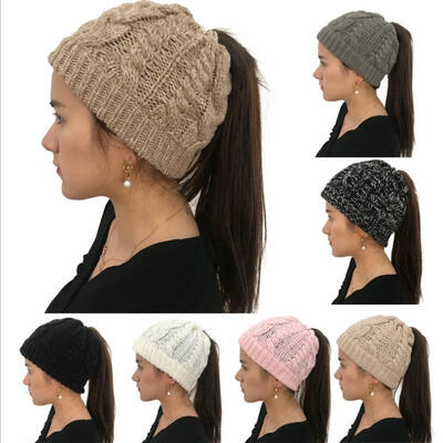 

Women Stretch Knitted Beanie Hat Messy High Bun Ponytail Winter Warm Hole Cap