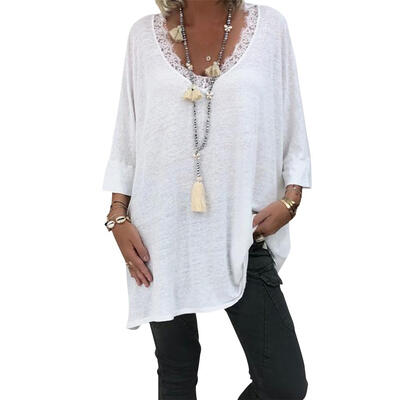 

Spring Women 34 Sleeve Shirts Casual Loose Solid Color V-neck Lace Tops