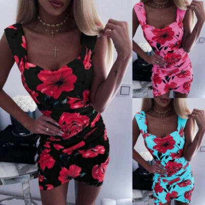 

Womens Boho Floral Print Bodycon Mini Dress Ladies Holiday Beach Sundress IT