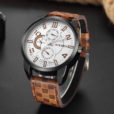 

Gobestart Fashion Casual Business Mens Alloy Three Eye Dial Leather Belt Quartz Watch