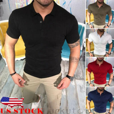 

US Stylish Mens Slim Fit POLO Shirts Solid Short Sleeve Casual T-shirt Tee Tops