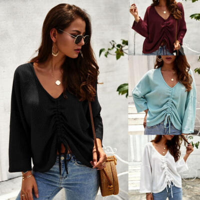 

Fashion Women Casual Tops V-Neck Long Sleeve T-shirts Loose Solid Blouse T-shirt