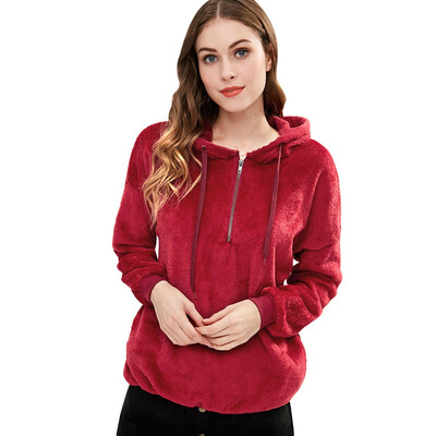

Hooded Long Sleeve Fleece Loose Zipper Pocket Solid Color Women Hoodie