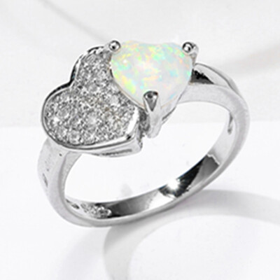 

Mystic Rainbow Zircon Double Heart Opal Rings For Women Copper Birthstone Ring Charm Jewelry