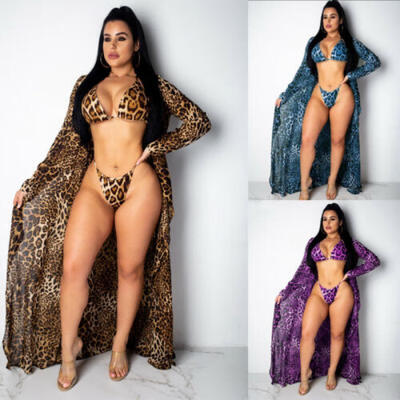 

2019 Summer Women Leopard Print Bikini Beach Swimwear Cover Up Candigan Suit