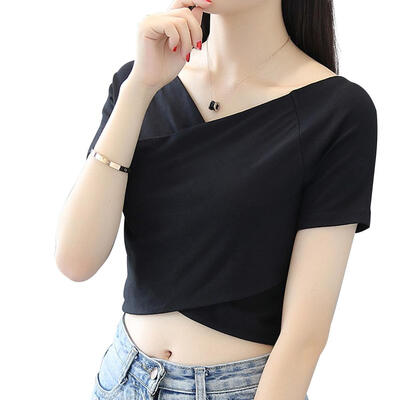

Fashion Solid Women T-Shirt Short Sleeve Spread Collar Tight Fit Crop Tops