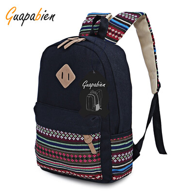 

Guapabien Ethnic Style Floral Embroidery Striped Canvas Girls Portable Backpack
