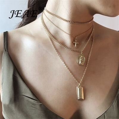 

Vintage Multi Layered Women Coin Necklace Choker Silver Gold Jesus Moon Rose Flower Pendant Necklace Long Chain Collier Jewelry