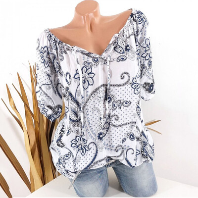 

Starmoon Fashion Women Floral Print 34 Sleeve Cold Shoulder Strappy Summer Top -5XL