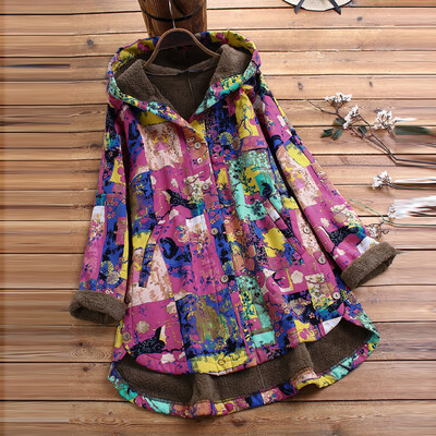 

Toponeto Women Vintage Printed Asymmetrical Button Plus Size Hooded Coat Jacket Overcoat