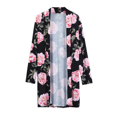 

Toponeto Women Autumn Casual Loose Long Sleeve Print Floral Flower Long Cardigan Coat