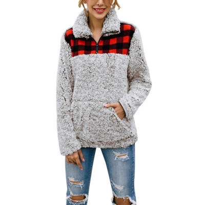 

Women Sweatshirt pullovers Plaid Print Lapel Long Sleeve Pocket Tops Casual Warm Winter Autumn Loose Sweatshirt