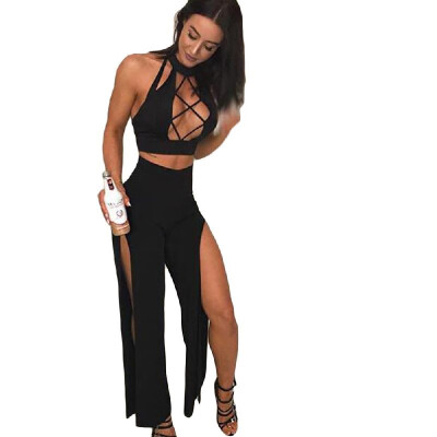 

Sexy Women 2 Piece Outfits Turtleneck Sleeveless Hollow out High Split Clubwear Romper Jumpsuit Black