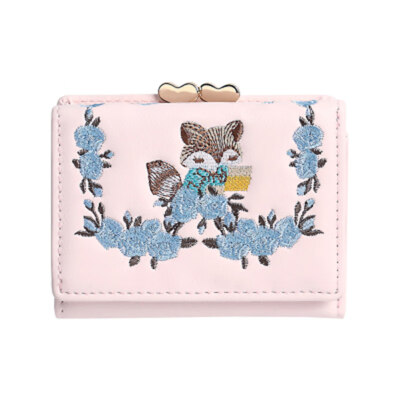 

Lovely Faux Leather Little Fox Floral Embroidery Short Wallet Women Purse Gift