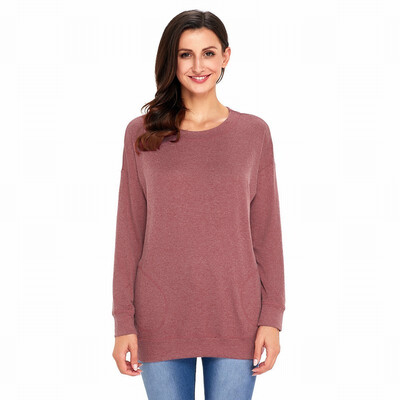 

Solid color round neck long sleeve with pocket bottoming shirt casual simple shirt womens