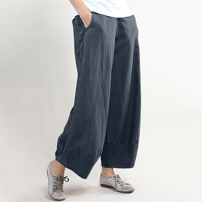 

Women Pure Color High Waist Wide Leg Pants Cotton Linen Trousers Loose Pants