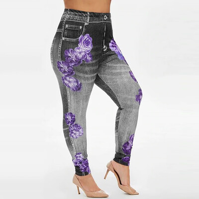 

Gobestart Womens Plus Size Imitation Cowboy Printing Elastic Waist Casual Leggings Pants