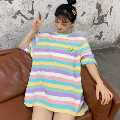

Women clothes Summer Casual T Shirt Short Sleeve O-Neck Rainbow Striped Fruit Embroidery Loose Tee