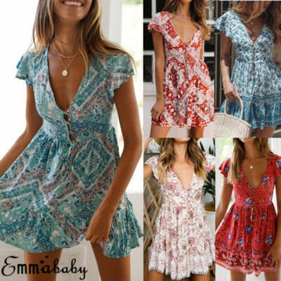 

Women Summer Boho Short Mini Dress Evening Cocktail Party Beach Dresses Sundress