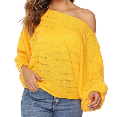 

Autumn Winter Fashion Women Knitted sweaters Sexy One word collar Strapless Shoulder Lantern sleeve Top