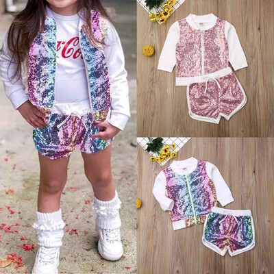 

Newborn Baby Girl Sequins Zipper Cardigan Tops Short Pants Outfit Clothes Set