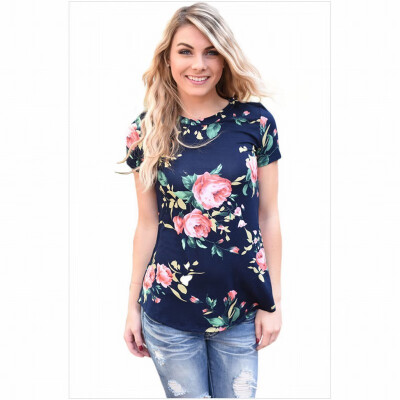 

Round neck short sleeve floral print tube casual top T-shirt