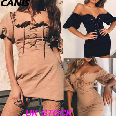 

Summer Boho Women Drawstring Off Shoulder Frill Mini Dress Party Bodycon Dresses