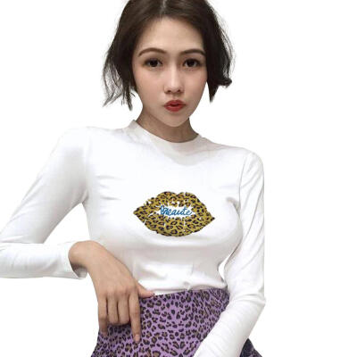 

Women T-Shirts Long Sleeve Lips Printing Slim Fit Autumn Fashion Crop Tops