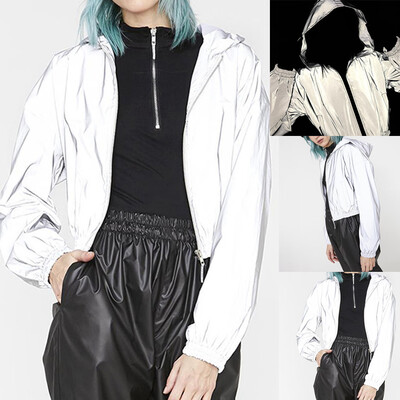 

Toponeto Women Fashion Street Trendy Hat Zipper Reflective Long Sleeve Short Coat Tops