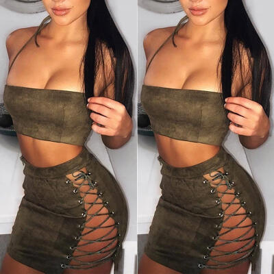 

Hot Women Strappy Crop Top Lace Up Skirt 2 Pieces Sets Bodycon Beach Mini Dress