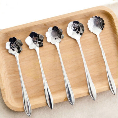 

5Pcs Stainless Steel Flowers Shape Teaspoons Ice Cream Soda Spoons Tableware