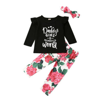 

3Pcs Daddys Girl Outfits Clothes Newborn Baby Girl Tops Floral Pants Headband