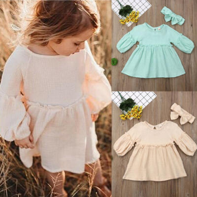 

2pcs Toddler Kid Baby Girl Ruffle Cotton Linen Dress Sundress Headband Outfits