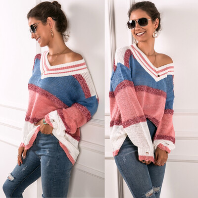 

〖Follure〗Women Casual Loose V Neck Stripe Print Splice Loose Jumper Tops Blouse Sweater