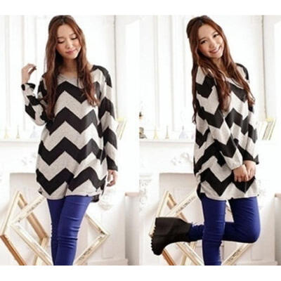 

Women Casual Loose Stripe Sweater Soft Knitwear Long Sleeve Blouse Tops