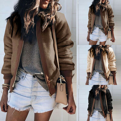 

Womens Wool Leather Jacket Winter Zipper Lapel Warm Casual Cardigan Jacket