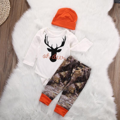 

Organic Toddler Baby Boy Girl Deer Romper Long Pants 3pcs Outfits Set Clothes