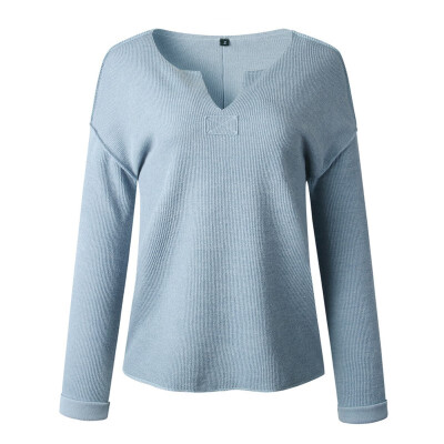 

Fashion V-Neck Knitted Ladies Tops T Shirt Autumn Casual Loose Solid Long Sleeve Women T-shirt