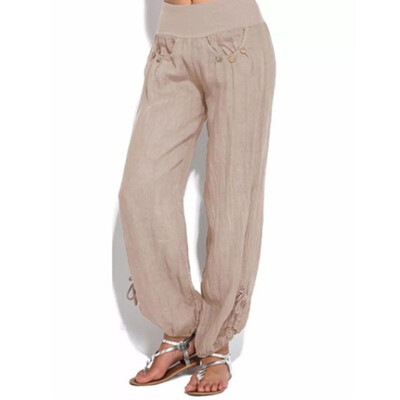 

Summer Womens Casual Button Loose Yoga Pants Solid Colour Wide-Legged Trousers