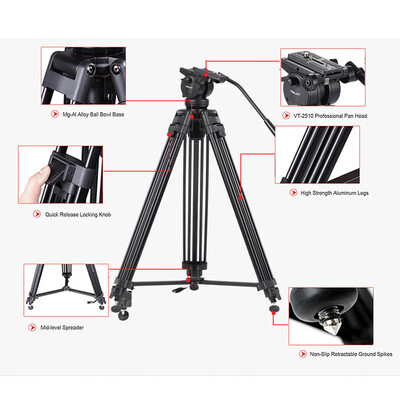 

KINGJOY VT-2500 Professional Mg-Al Alloy Video Photo Tripod Kit 360°Panorama Pan Fluid Ball Head for DSLR Camera Video Recorder DV