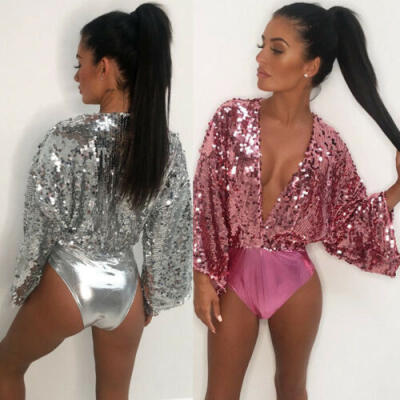 

2019 Sequined Monokini Deep V Bikini Womens Swimwear Swimsuit Bathing Suit Beach