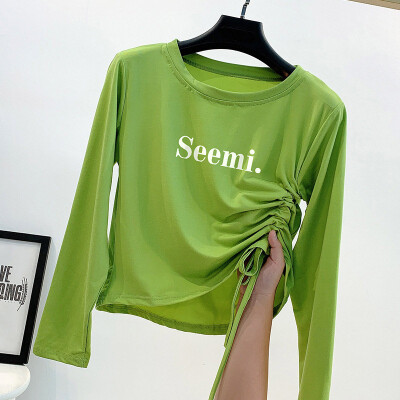 

Womens Round Neck Slim Blouse Tops Long Sleeve Letter Print Drawstring T-Shirts