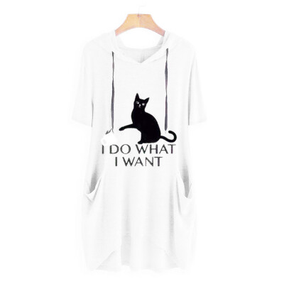 

Starmoon Women Casual Print Cat Ear Hooded Short Sleeves Pocket Top Blouse Shirt