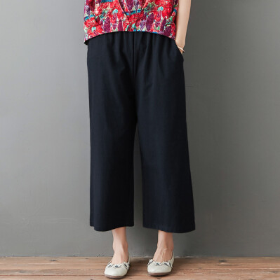 

Tailored Women Casual Solid Elastic Band Long Pants Lady Summer Linen Wide leg Pants