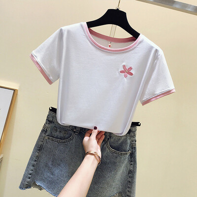 

Women Summer Round Collar Flower Print Loose Short Sleeve Casual T-Shirt Simple Wild Tops