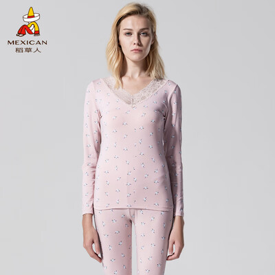 

Scarecrow thermal underwear ladies spring&autumn tight thin lace V-neck base cotton sweater set printing autumn clothes long pants 81880 apricot